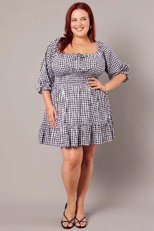 Winter White Mini Dresses-Black Check Mini Dress 3/4 Sleeve Shirred Gingham