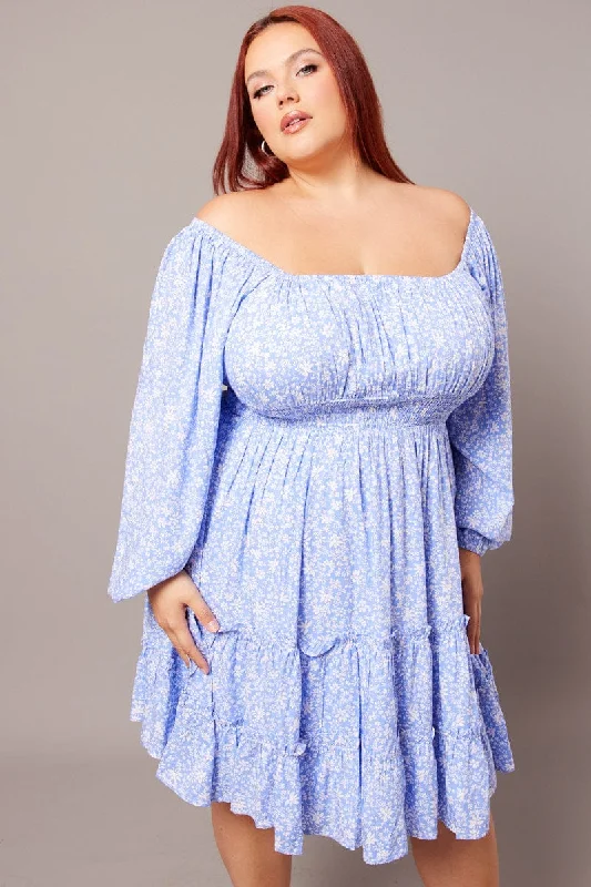 Off Shoulder White Mini Dresses-Blue Ditsy Long Sleeve Shirred Waist Minidress