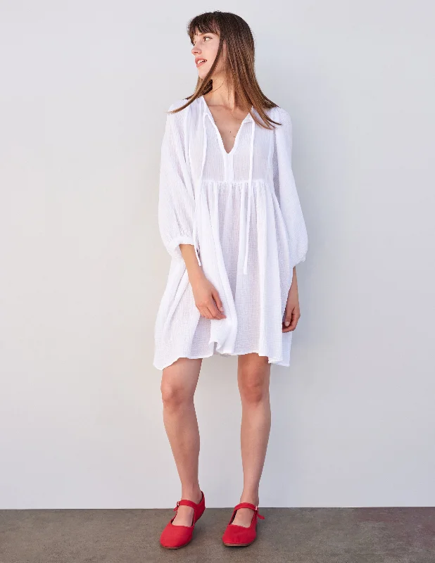 Denim Casual Mini Dresses-Sundry Mini Blouson Sleeve Dress in White