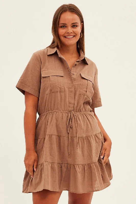 Geometric Casual Mini Dresses-Brown Cargo Shirtdress Short Sleeve Cotton Mini