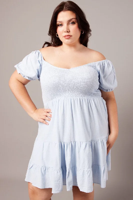 Plus Size Beach Mini Dresses-Blue Cotton Shirred Bodice Minidress