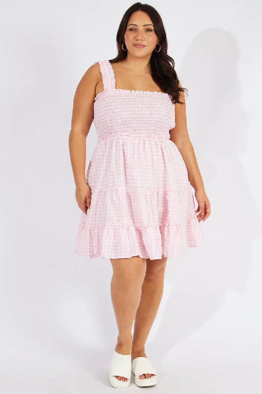 Chiffon Green Mini Dresses-Pink Check Shirred Minidress Gingham