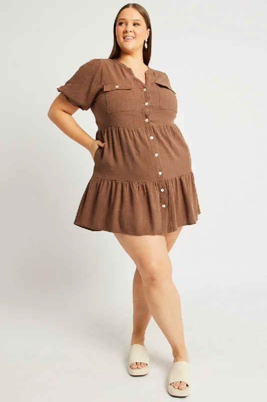 Gold Party Mini Dresses-Brown Button Through Mini Dress Nehru Collar Linen Blend