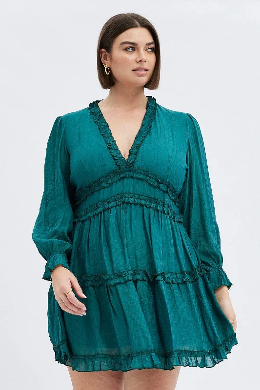 Chiffon Vintage Mini Dresses-Green Mini Dress Textured Chiffon Frill Long Sleeve