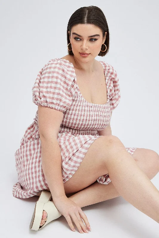 Lace Off Shoulder Mini Dresses-Pink Check Shirred Bodice Mini Dress Gingham