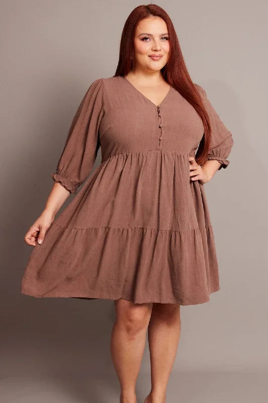 Mesh Mini Dresses-Brown V-neck Button Through Linen Blend Minidress