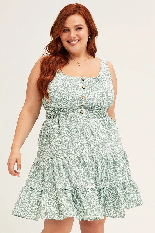 Plus Size Formal Mini Dresses-Ditsy Print Fit And Flare Dress Sleeveless Mini Button Front