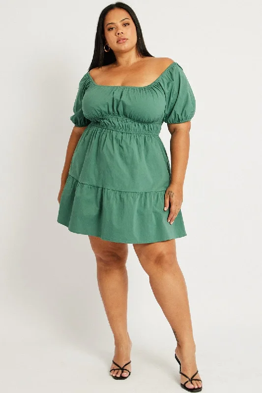 Long Sleeve Mini Dresses-Green Puff Sleeve Gather Minidress