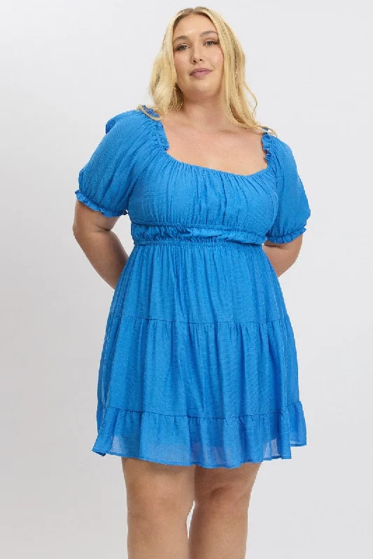 Sexy Date Mini Dresses-Blue Scoop Neck Frill Sleeve Minidress