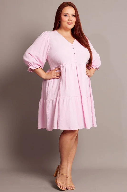 Maternity Mini Dresses-Pink V-neck Button Through Linen Blend Minidress