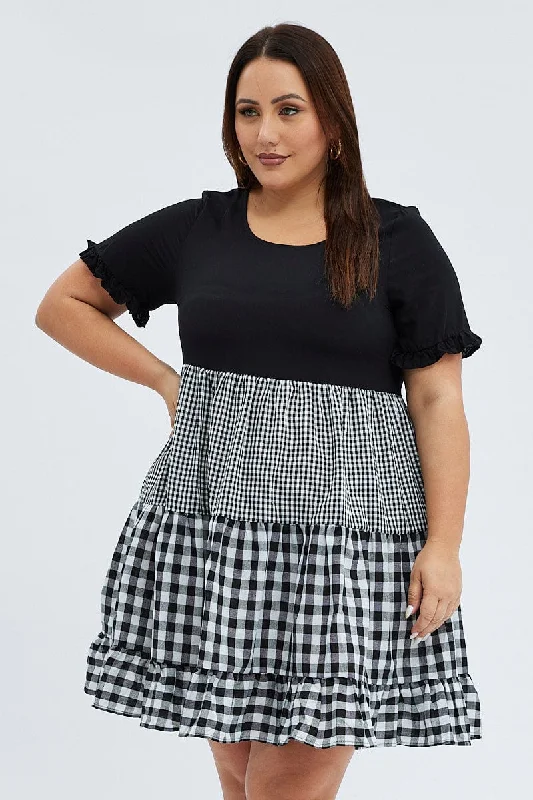 Sleeveless Vintage Mini Dresses-Black Check Mini Dress Short Sleeve Tiered