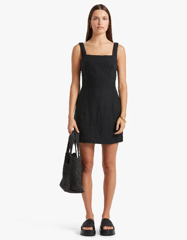 Cotton Winter Mini Dresses-Linen Square Neck Mini Dress - Black