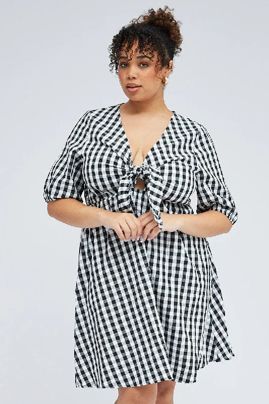 Sexy Summer Mini Dresses-Black Check Mini Dress Tie Gingham Puff Sleeve