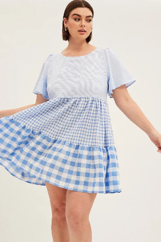 Embroidered Summer Mini Dresses-Blue Check Relaxed Dress Short Sleeve Mini Tiered