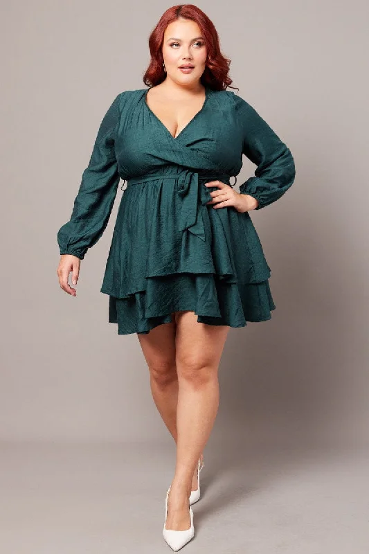 Beach Mini Dresses-Green Tiered Cross Front Mini Dress