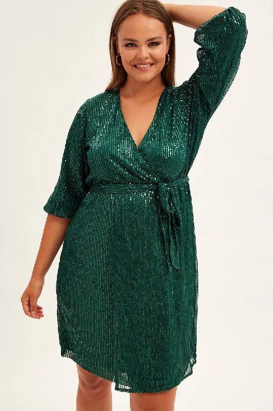 Geometric Mini Dresses-Green Metallic Sequin Mini Dress