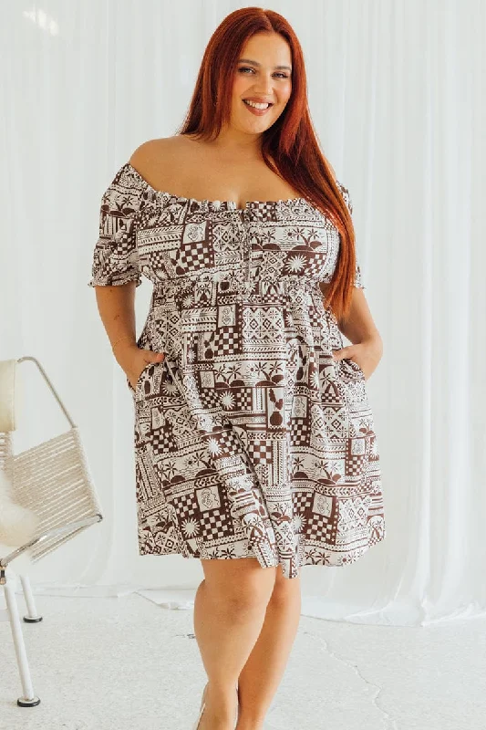 Ruffle Boho Mini Dresses-Brown Abstract Mini Dress Puff Sleeve Linen Blend