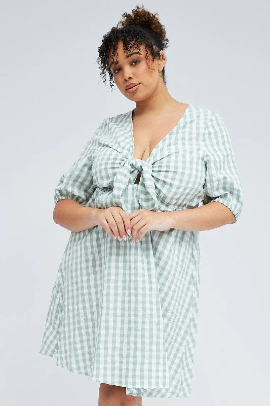 Silver Mini Dresses-Green Check Mini Dress Tie Gingham Puff Sleeve