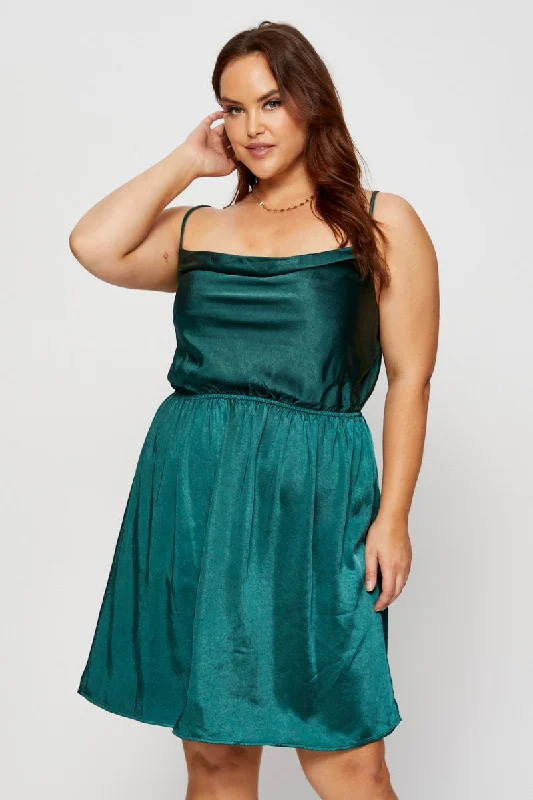 Women Mini Dresses-Green Mini Satin Dress Cowl Neck Sleeveless