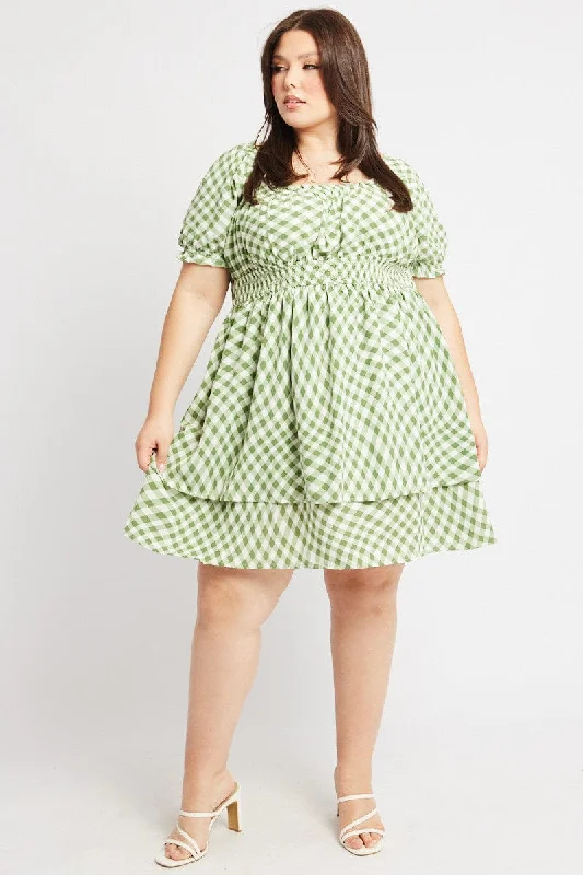 Festival Mini Dresses-Green Check Shirred Waist Scoop Neck Minidress