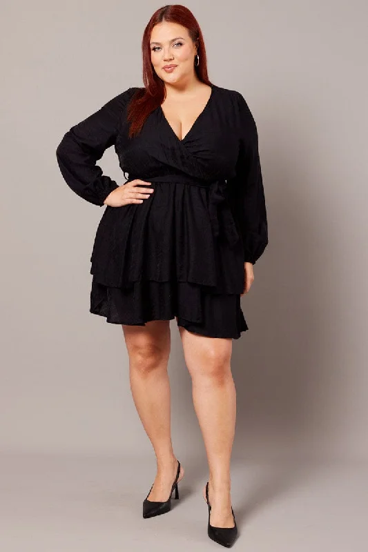 Maternity Summer Mini Dresses-Black Tiered Cross Front Mini Dress