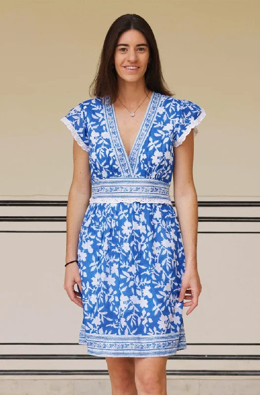 Backless Work Mini Dresses-Pippa Block Print Mini Dress | Japanese Flower Cobalt