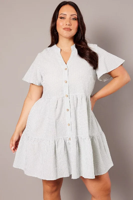 Winter White Mini Dresses-Green Check Gingham Mini Dress