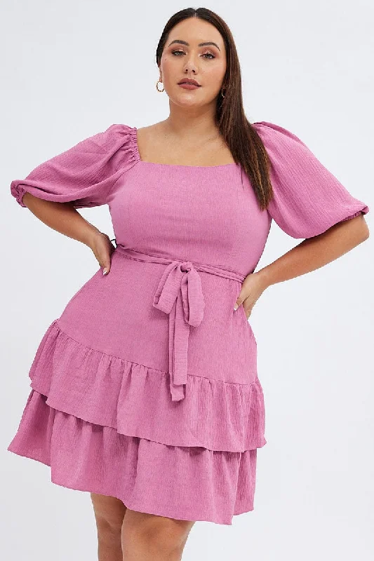 Green Beach Mini Dresses-Pink Mini Dress Short Puff Sleeve Textured Waist Tie