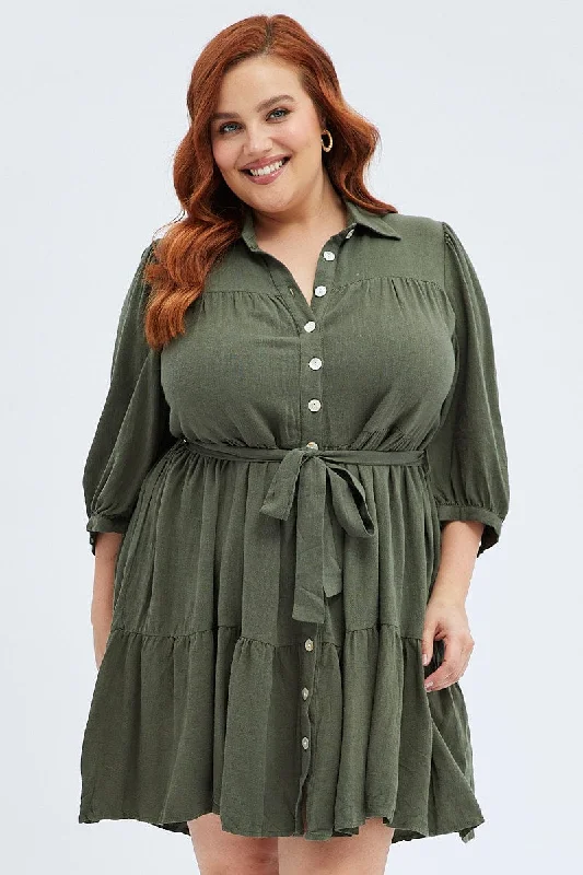 Work Mesh Mini Dresses-Green Belted Shirtdress Mini Length Linen Blend