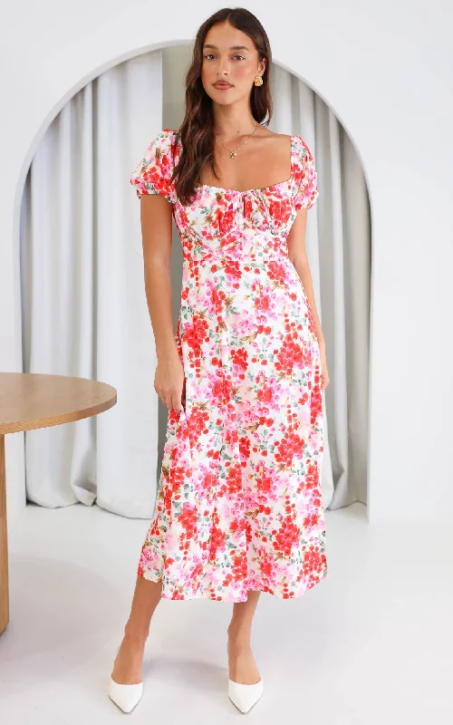 Silk Summer Midi Dresses-Kiaya Midi Dress - Red Pink Floral