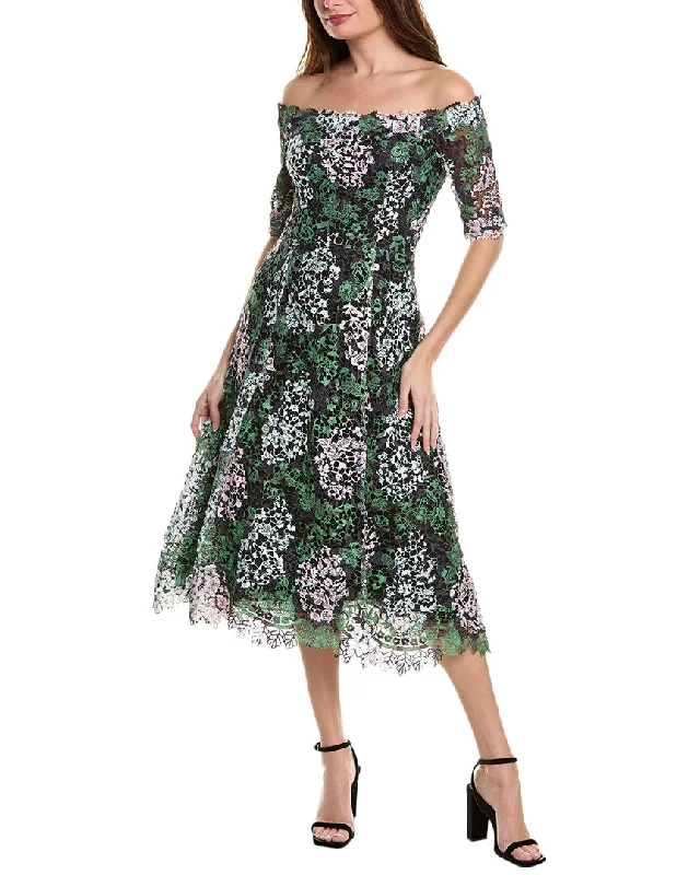 Women Midi Dresses-Teri Jon by Rickie Freeman Off-The-Shoulder Lace Midi Dress