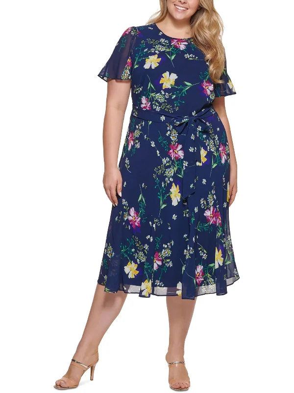 V Neck Boho Midi Dresses-Plus Womens Floral Print Midi Dress