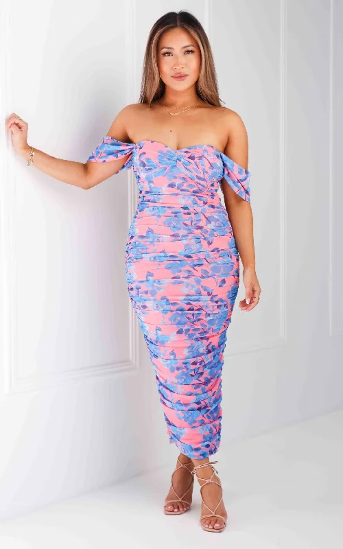 Off Shoulder Midi Dresses-Jalvina Mesh Midi Dress - Pink Blue Floral