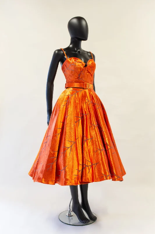 Knit Cozy Midi Dresses-Firebird - Orange Vintage Brocade Midi Dress