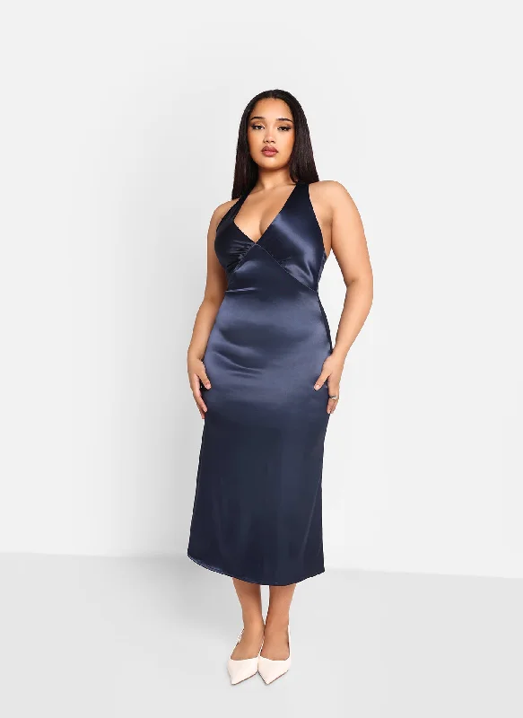 Knit Formal Midi Dresses-Freya Satin Halter Criss Cross Back Midi Shift Dress - Indigo