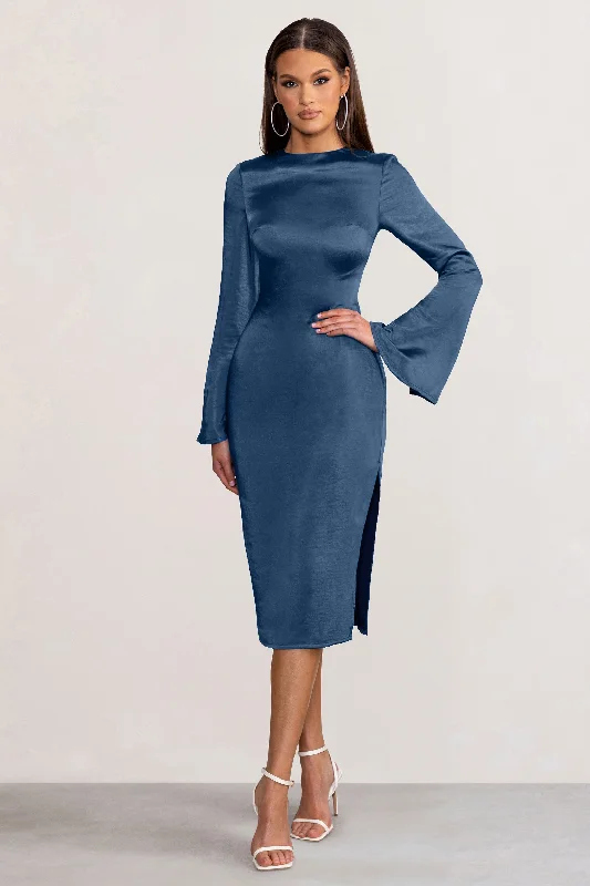 Plaid Club Midi Dresses-Laura | Navy Satin Long-Sleeve Midi Dress