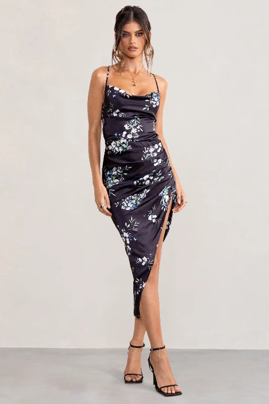 Designer Animal Print Midi Dresses-Risk It All | Black Floral Print Cowl Neck Satin Asymmetric Hem Midi Dress