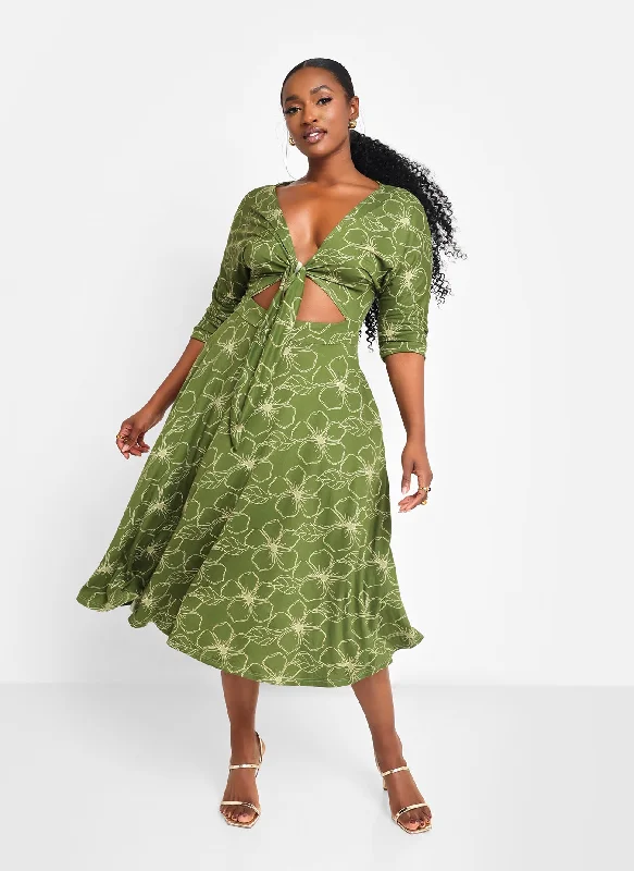 Plus Size Boho Midi Dresses-Sage Floral Cut Out Midi A Line Dress W. Pockets