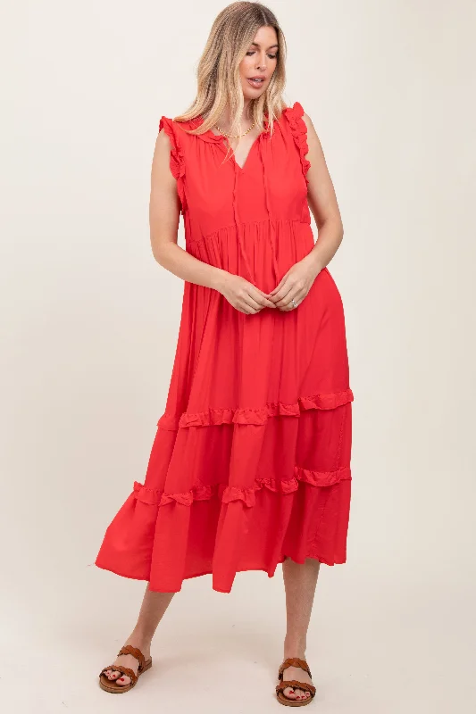 Cheap Work Midi Dresses-Red Ruffle Accent Tiered Front Tie Midi Dress