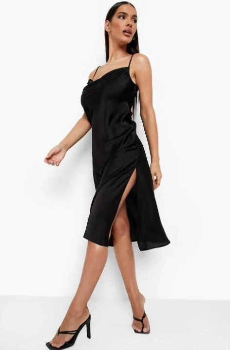 White Work Midi Dresses-Black Satin Strappy Side Split Midi Slip Dress