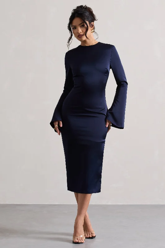 Teens Work Midi Dresses-Zaina | Navy Long Sleeve Midi Dress with High Neckline