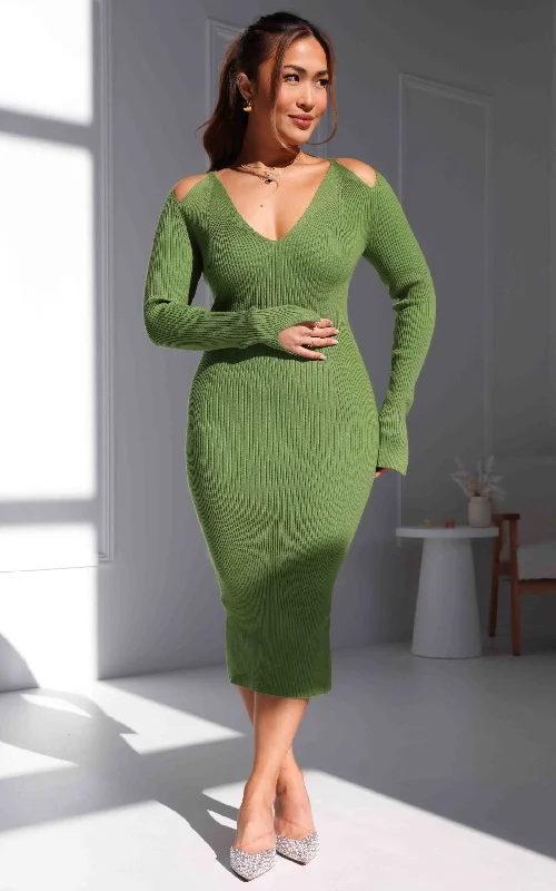 Pink Formal Midi Dresses-Aziza Knit Midi Dress - Apple Green