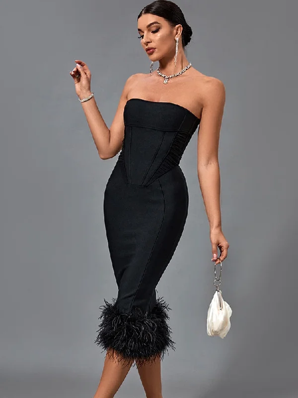 Pink Party Midi Dresses-Black Strapless Feather Trim Midi Dress