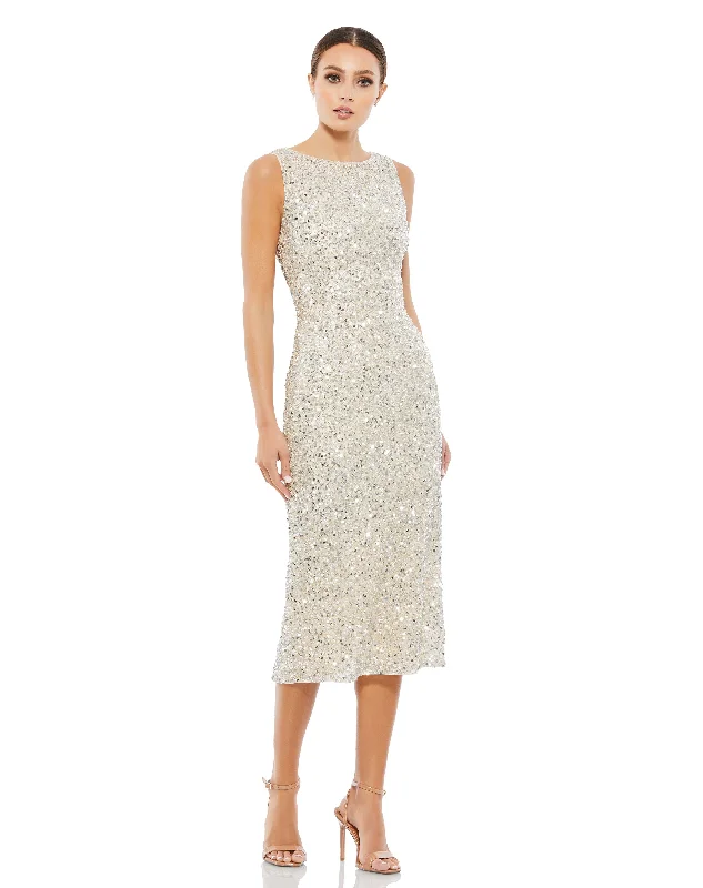 Strapless Beach Midi Dresses-Sleeveless Sequined Midi Sheath Dress