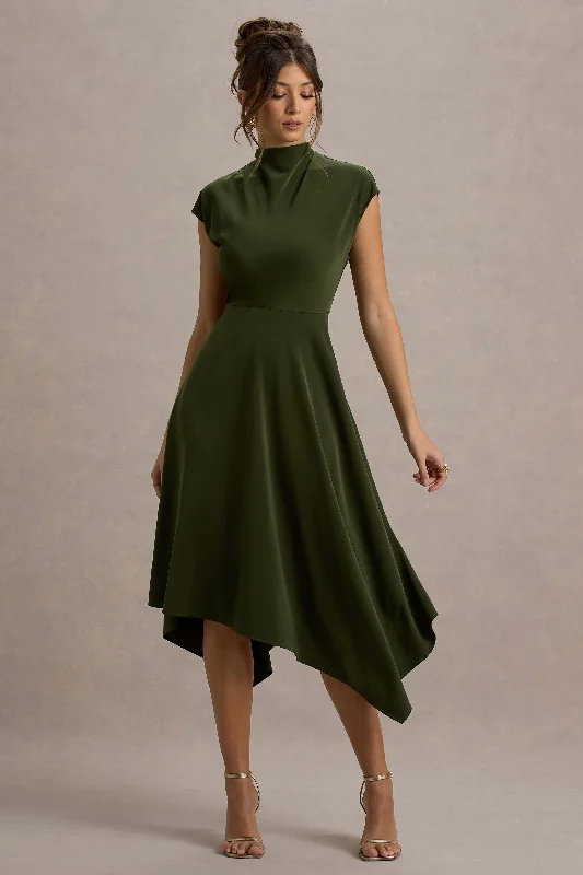 Velvet Pink Midi Dresses-Velma | Olive Satin Midi Dress With Draped Hem