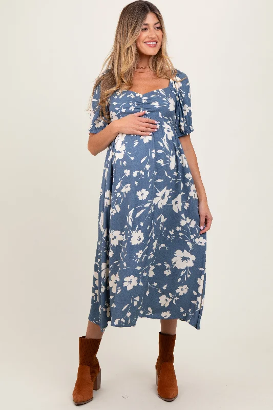 Beaded Winter Midi Dresses-Light Navy Floral Sweetheart Neckline Maternity Midi Dress