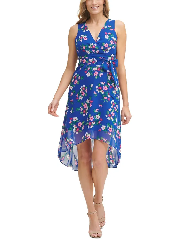 Designer Beach Midi Dresses-Petites Womens Chiffon Printed Midi Dress