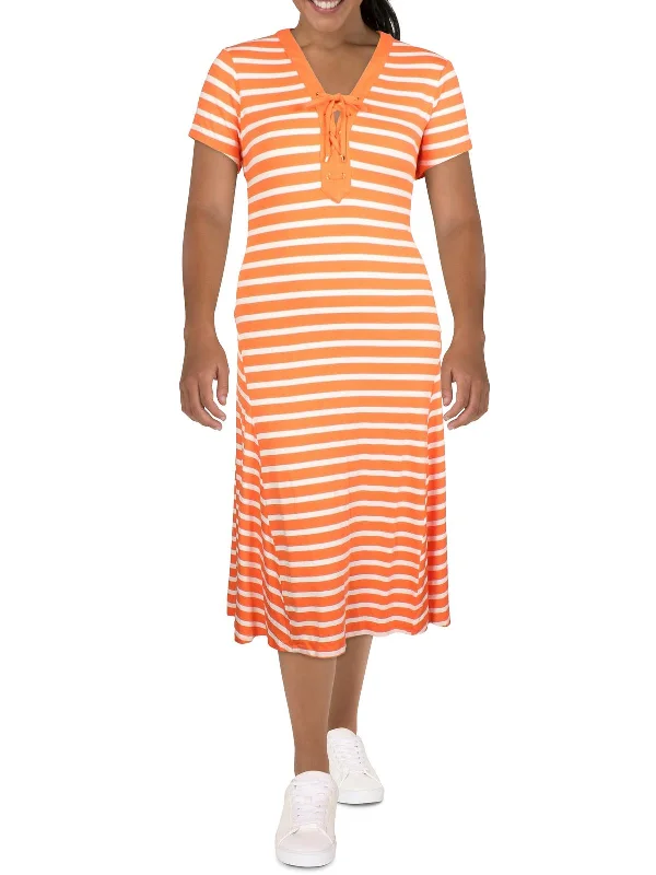 High Neck Midi Dresses-Womens Striped Lace-Up Midi Dress