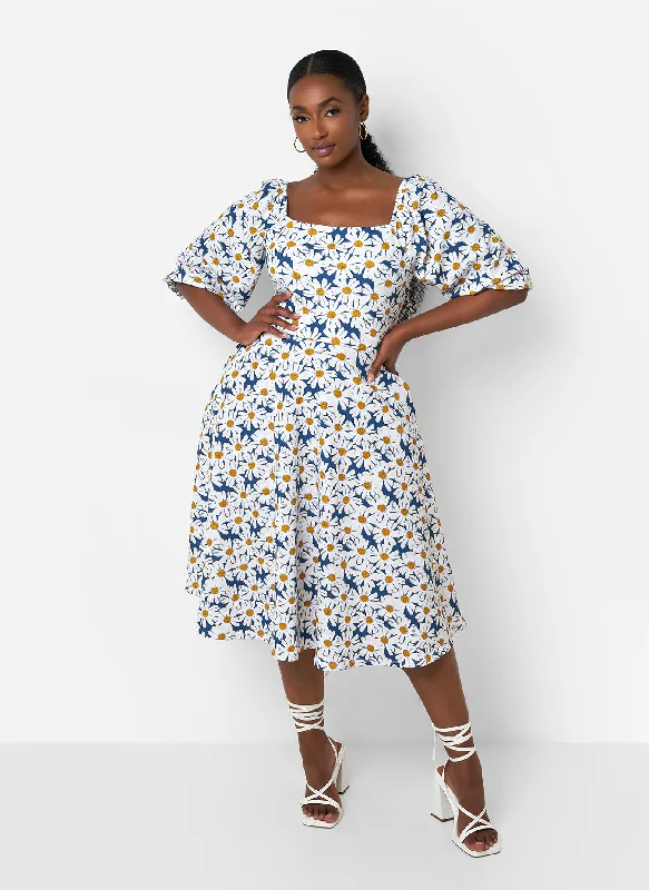 White Summer Midi Dresses-Arya Floral Print Skater Midi Dress W. Pockets