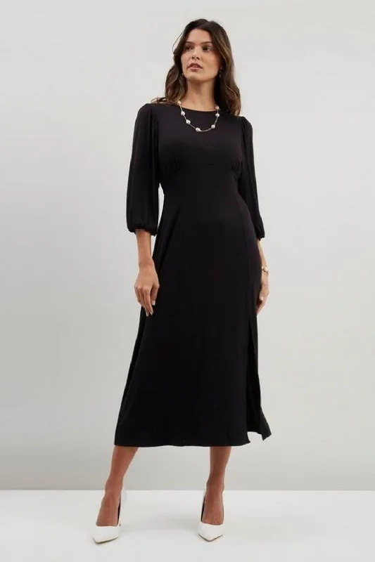 One Shoulder Winter Midi Dresses-Poly Split Hem Midi Dress